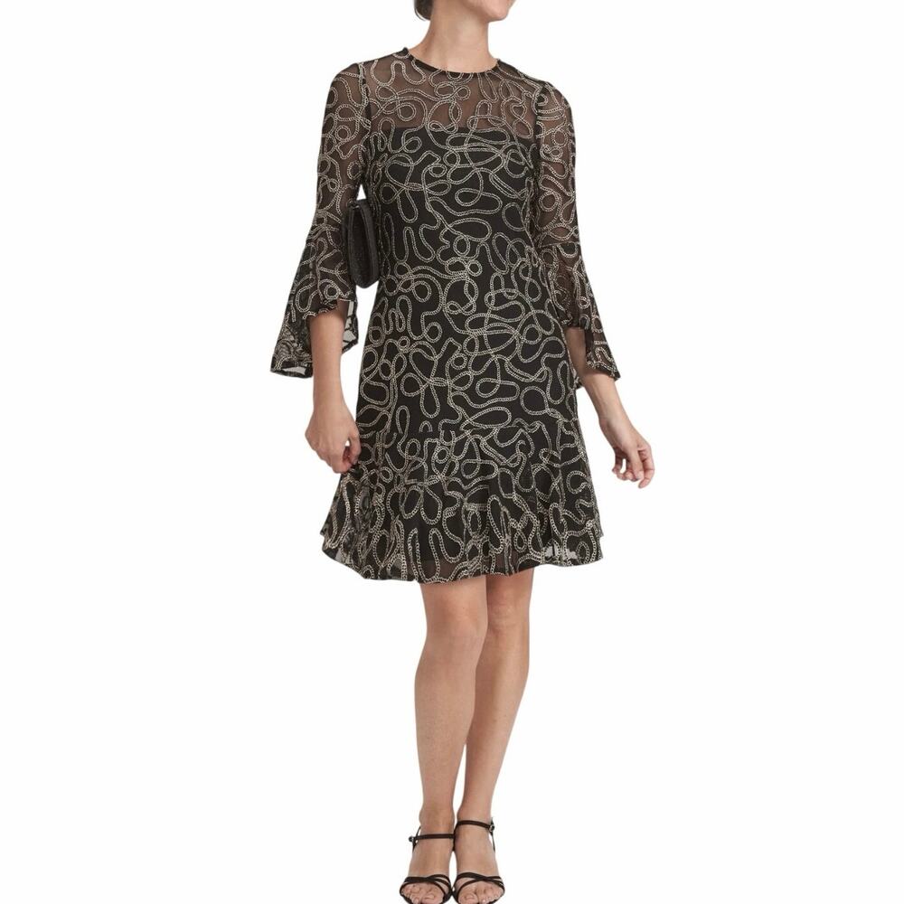 Laura Metallic Embroidered Fit Flare Dress Bell Sleeve Ruffle Hem Sz 8 NWT